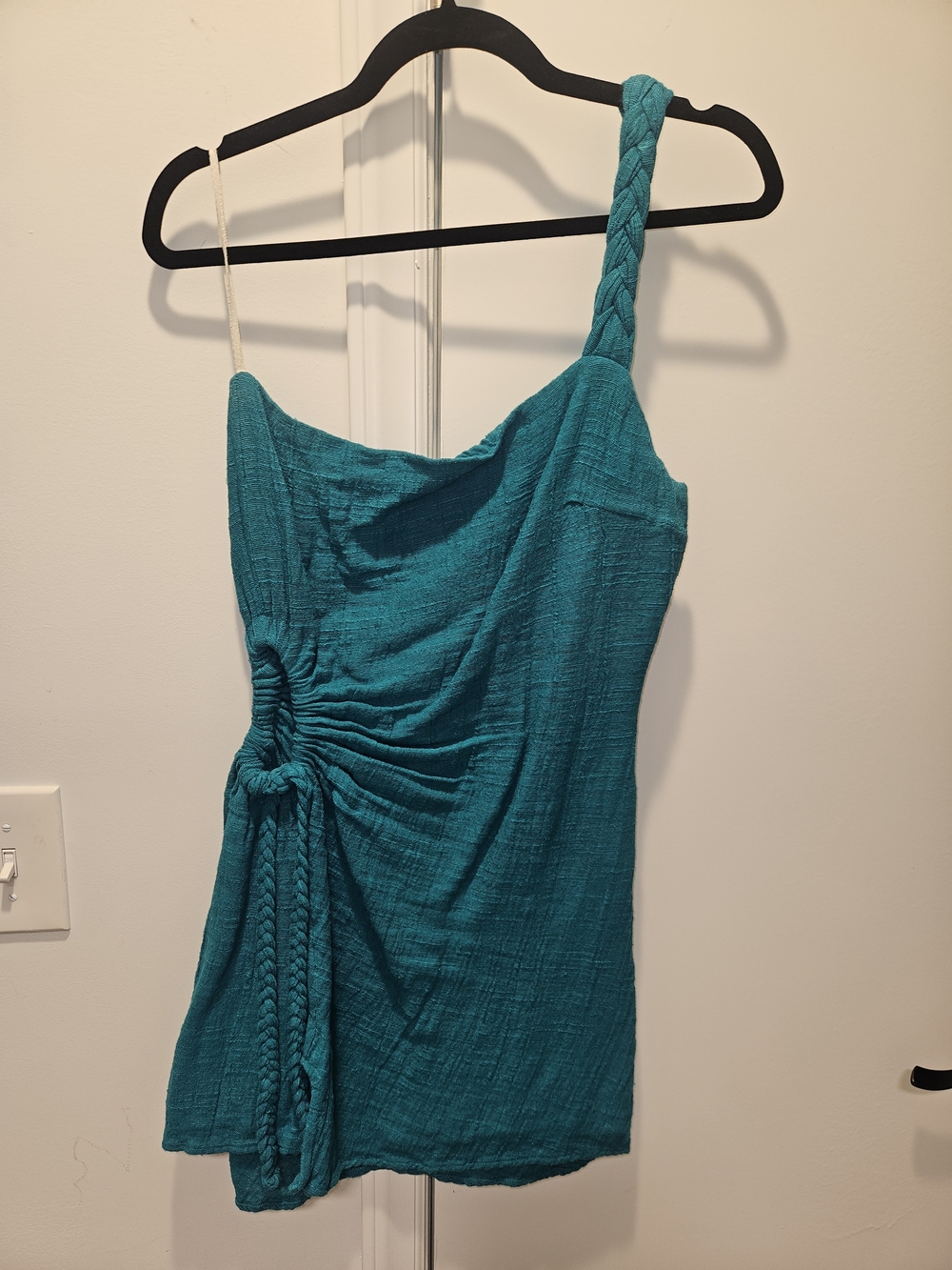 Karl Lagerfeld Linen Teal One-Shoulder Cut-out Braided Strap Mini Dress